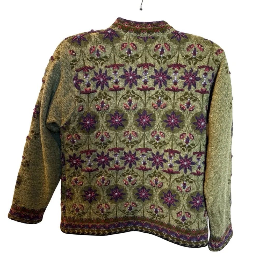Icelandic Design Women's Full zip Wool Sweater Green/Purple Multi Size Medium - Picture 2 of 10